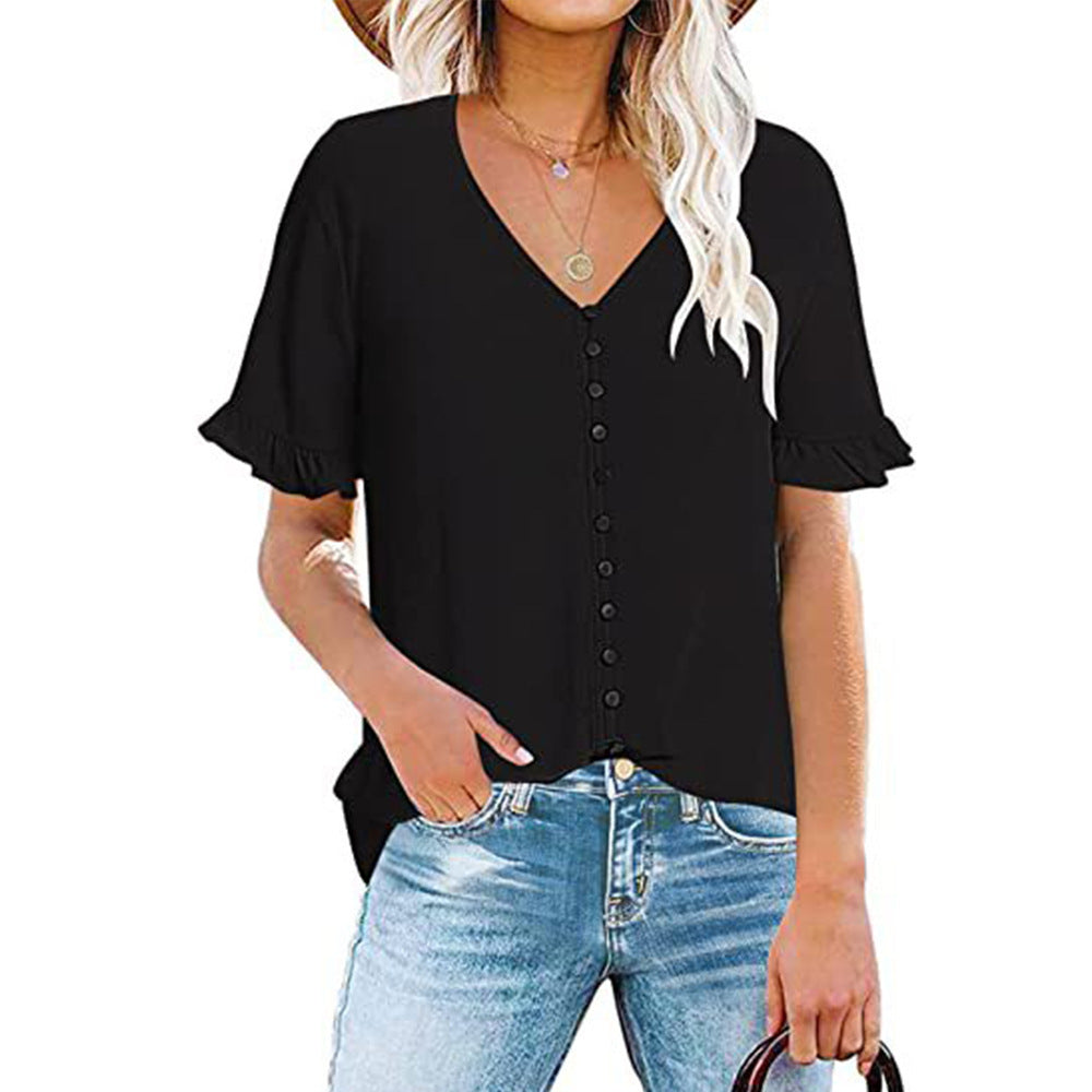 Ruffle Short Sleeve V-Neck Button-Down Shirt