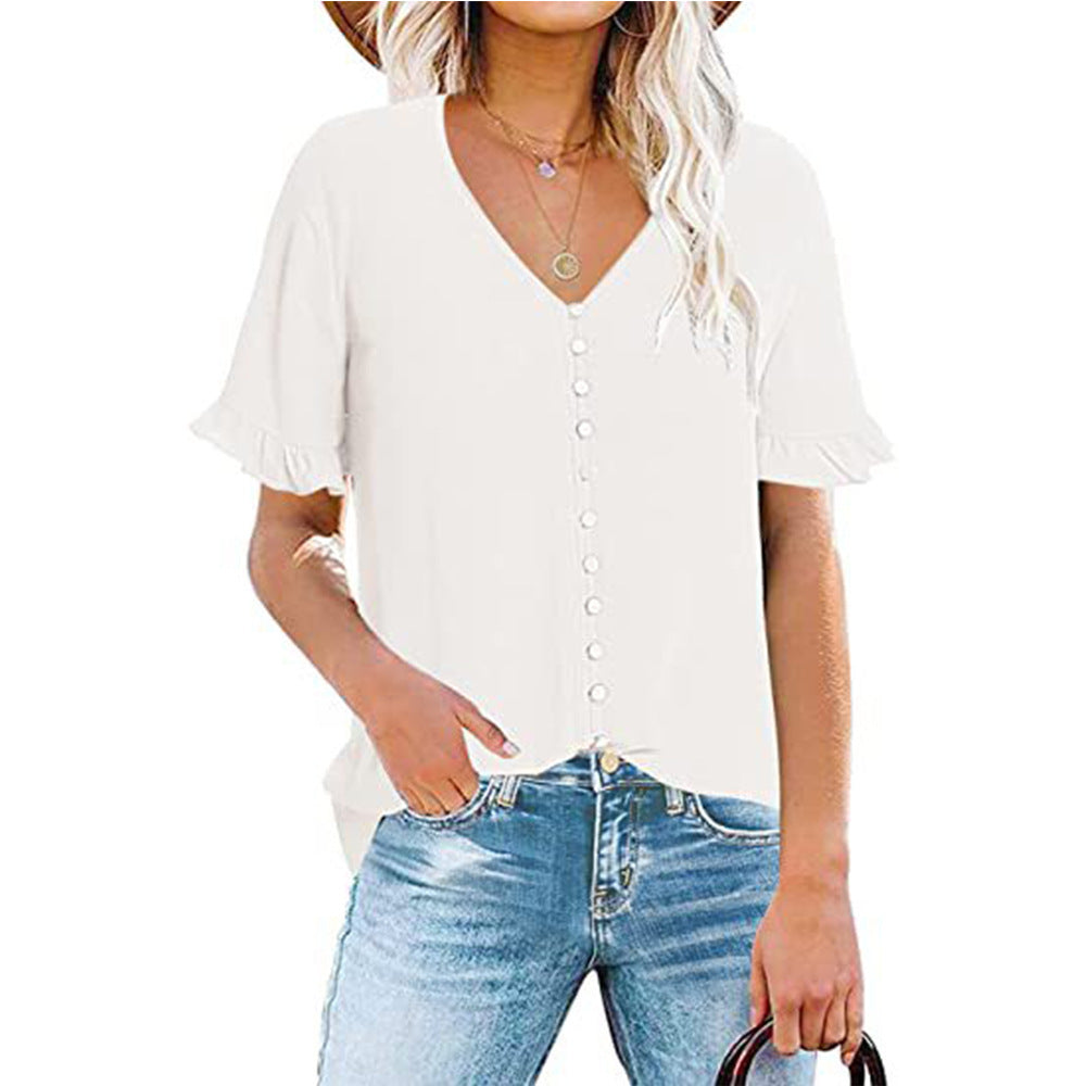 Ruffle Short Sleeve V-Neck Button-Down Shirt