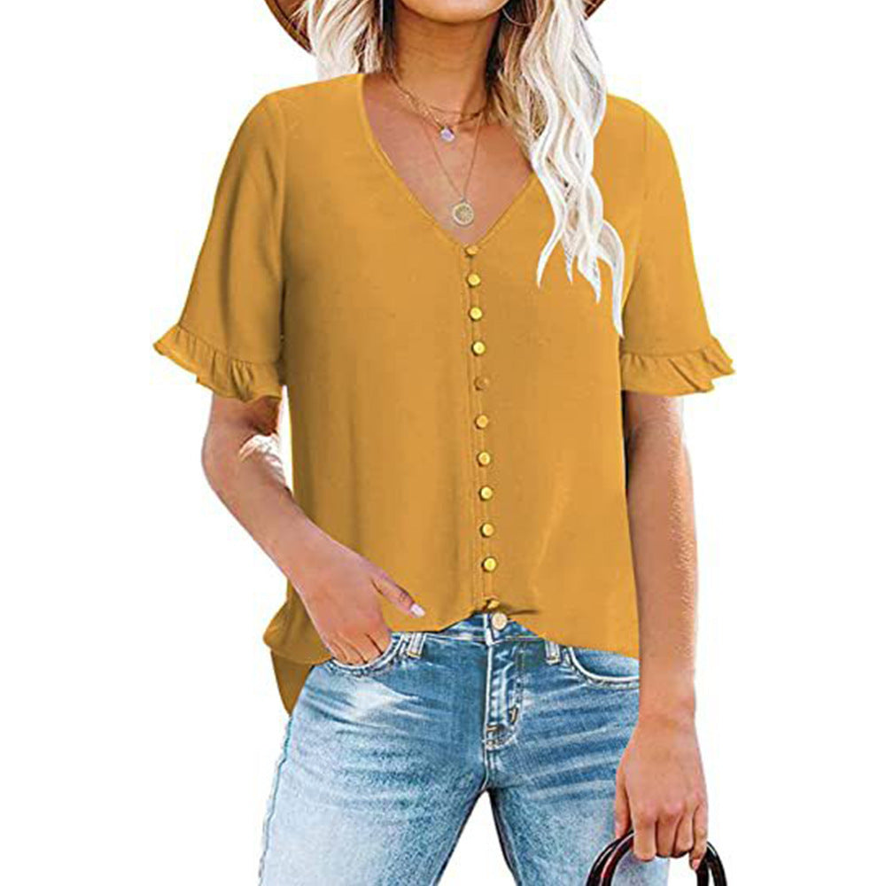 Ruffle Short Sleeve V-Neck Button-Down Shirt