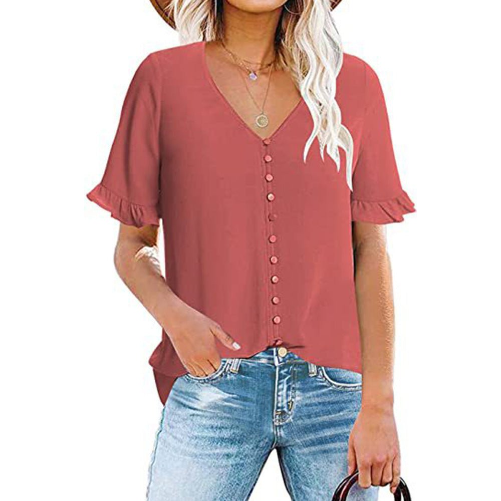 Ruffle Short Sleeve V-Neck Button-Down Shirt
