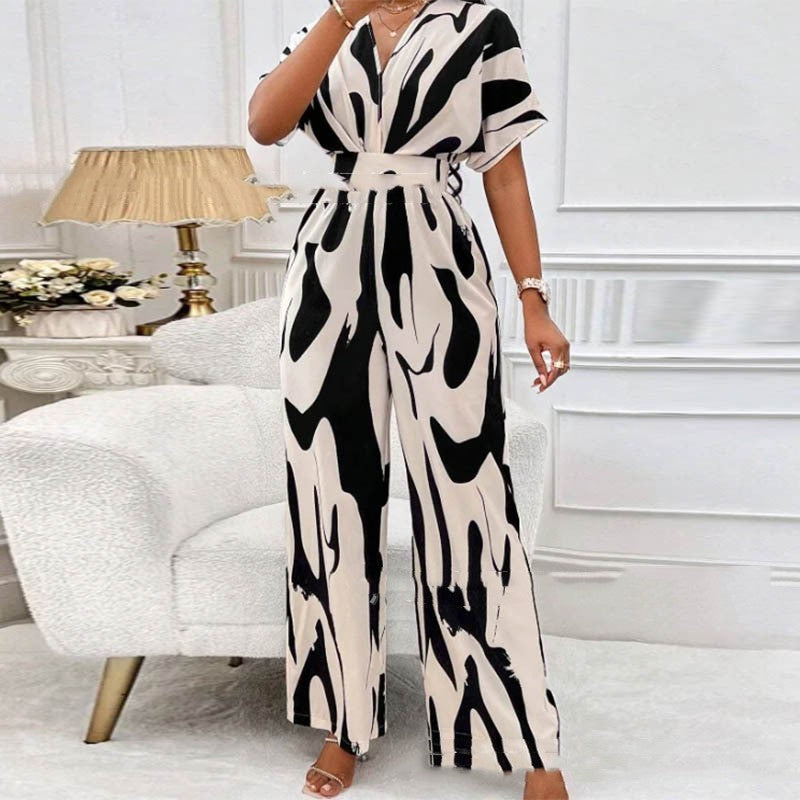 Loose V-neck Printed Long Jumpsuit