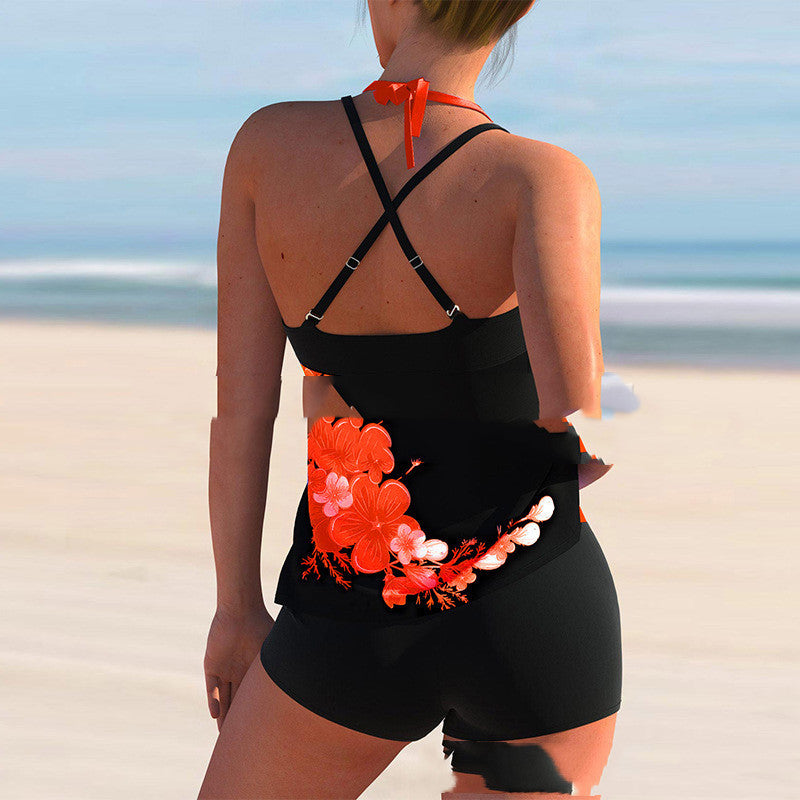 Plus Size Printed Split Solid Color Boxer Swimwear