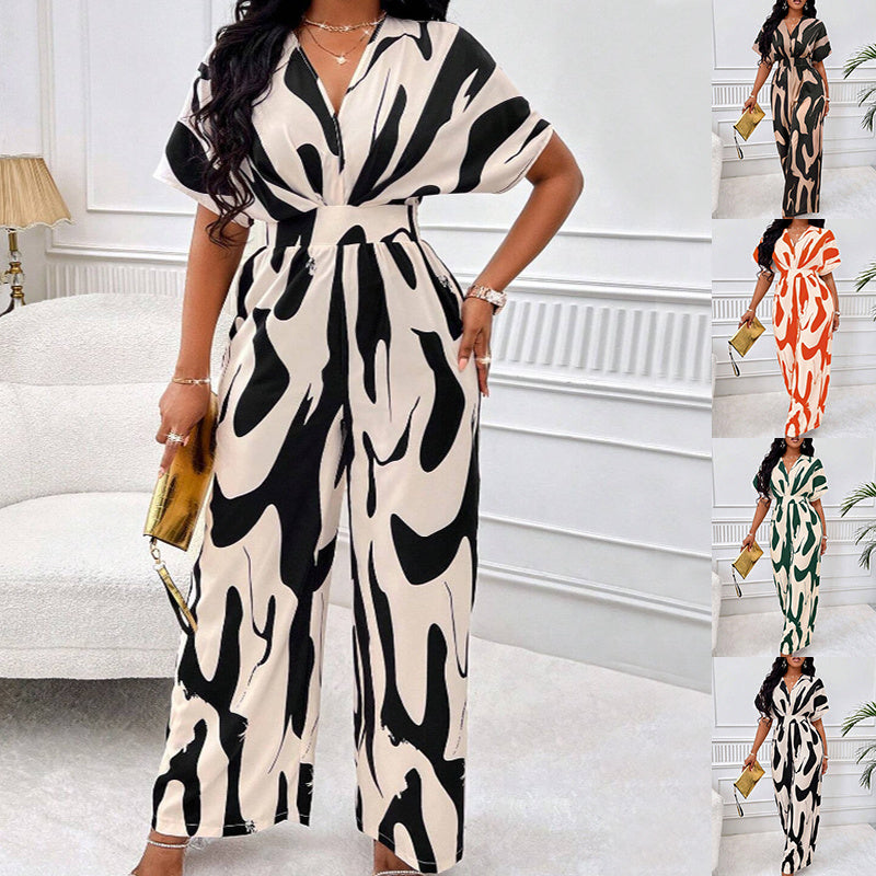 Loose V-neck Printed Long Jumpsuit