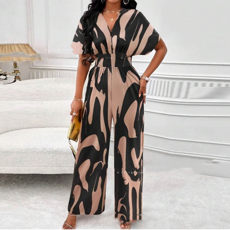 Loose V-neck Printed Long Jumpsuit