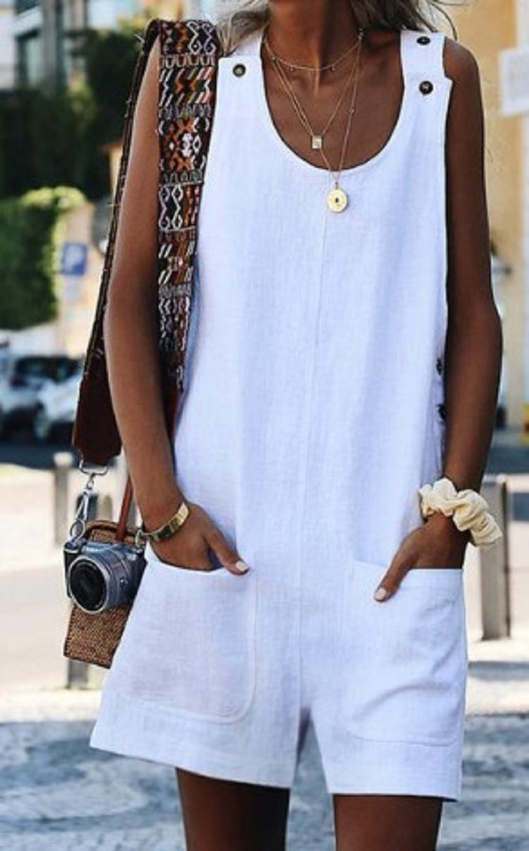 Cotton-Linen Pocket Button Jumpsuit