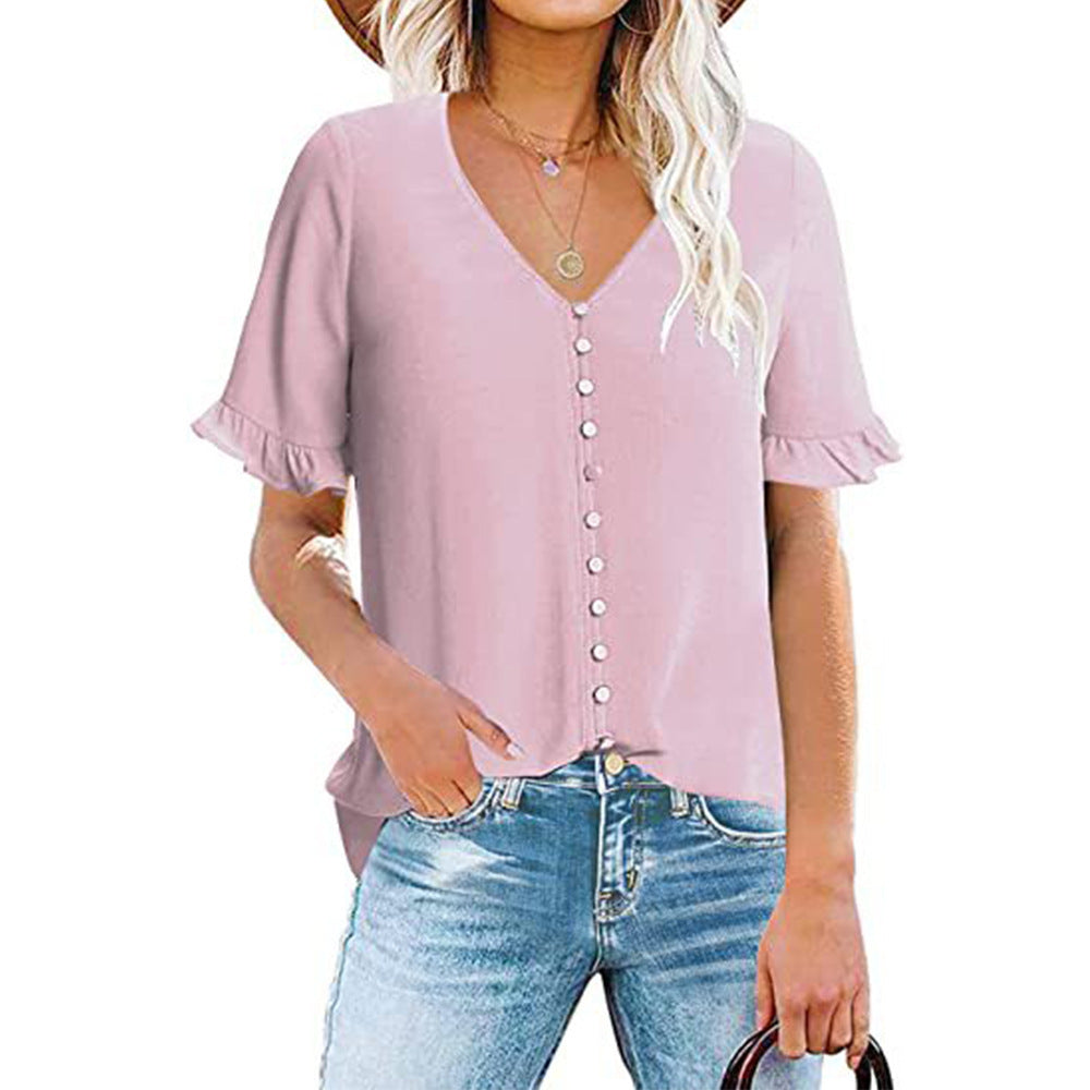 Ruffle Short Sleeve V-Neck Button-Down Shirt