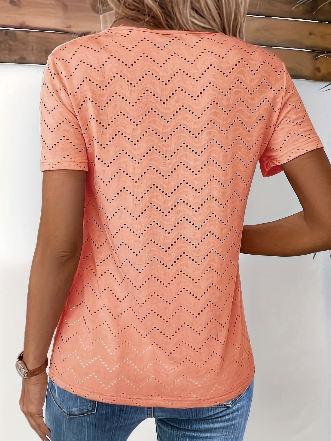 Solid Color Hollow-out Pleated Button Round Neck T-Shirt