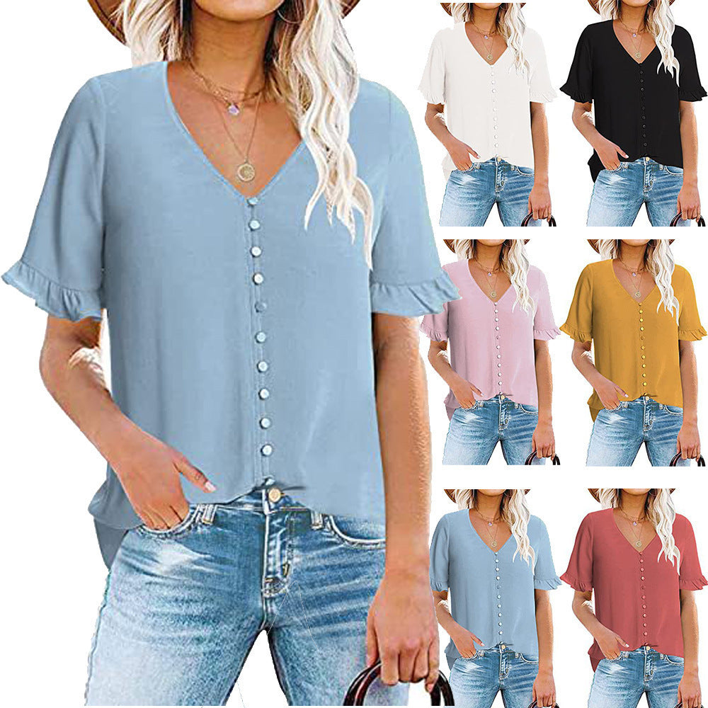 Ruffle Short Sleeve V-Neck Button-Down Shirt