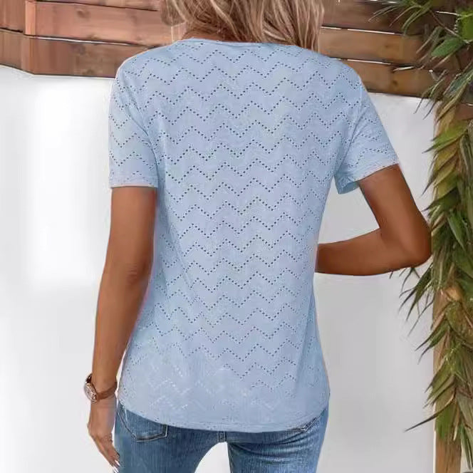 Solid Color Hollow-out Pleated Button Round Neck T-Shirt