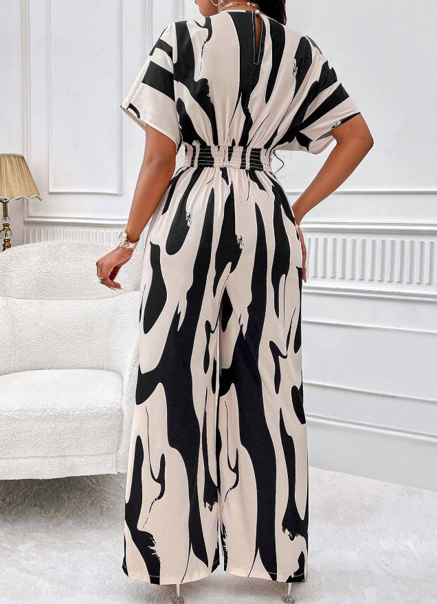 Loose V-neck Printed Long Jumpsuit