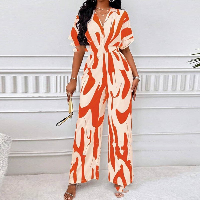 Loose V-neck Printed Long Jumpsuit