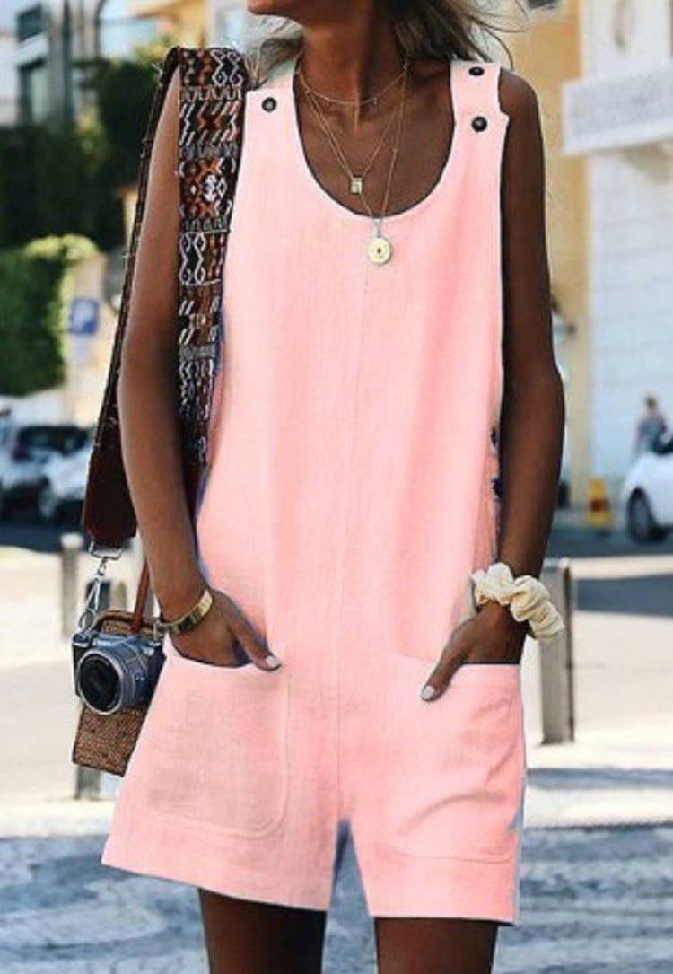 Cotton-Linen Pocket Button Jumpsuit