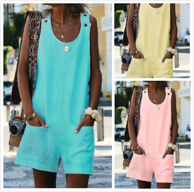 Cotton-Linen Pocket Button Jumpsuit