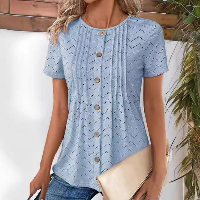 Solid Color Hollow-out Pleated Button Round Neck T-Shirt