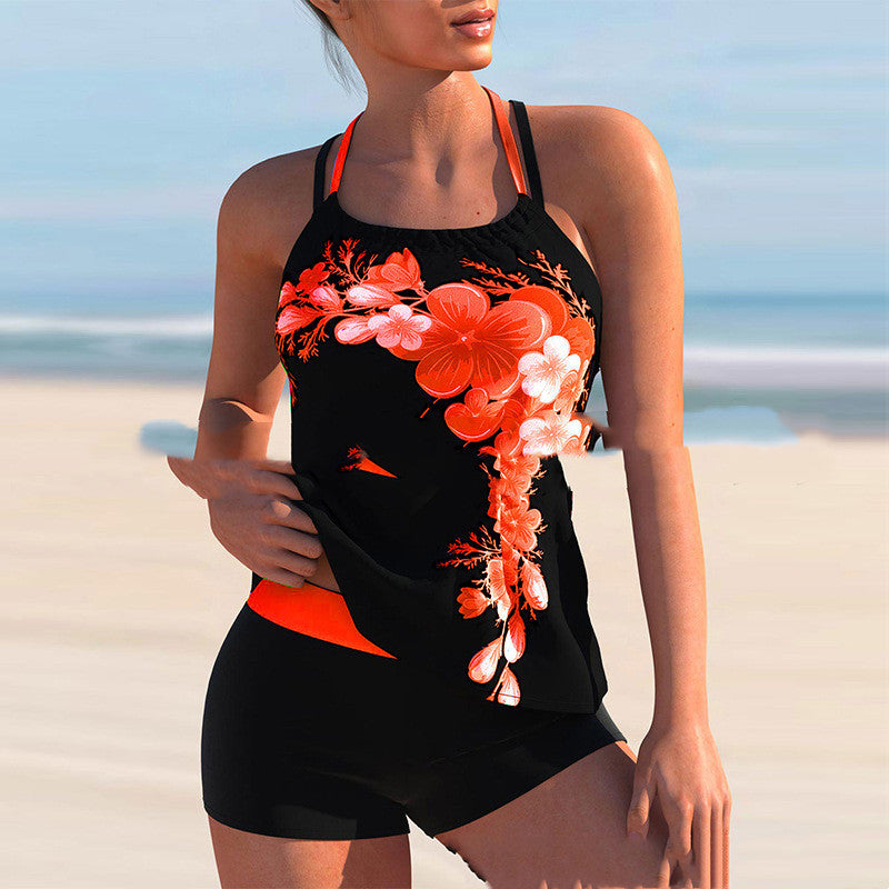 Plus Size Printed Split Solid Color Boxer Swimwear