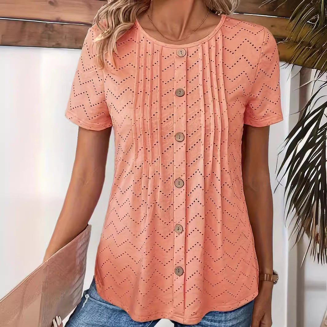 Solid Color Hollow-out Pleated Button Round Neck T-Shirt