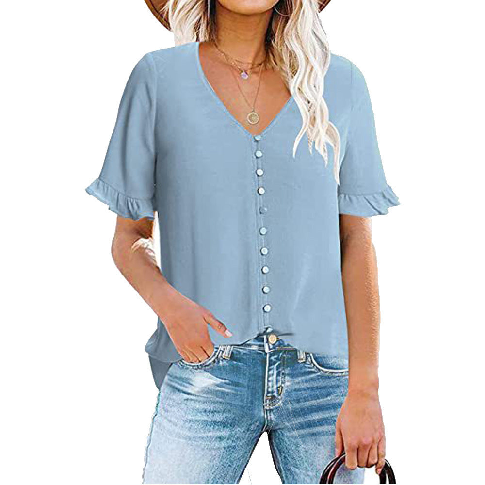 Ruffle Short Sleeve V-Neck Button-Down Shirt