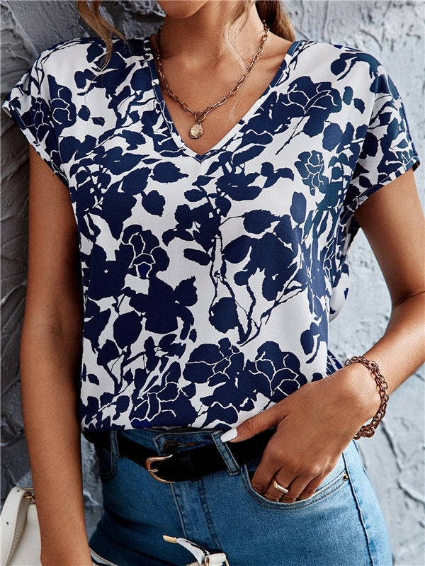 V-neck Short Sleeve Printed T-Shirt Top