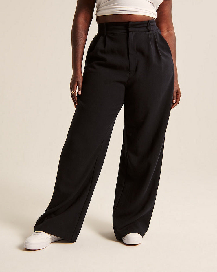 High Waist Wide Leg Straight Trousers with Pockets