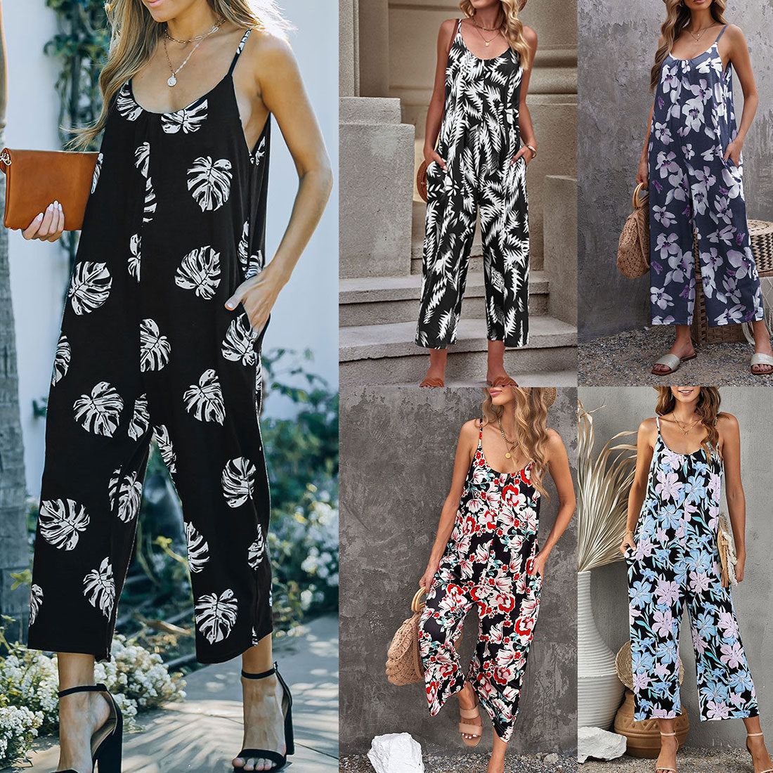 Flowers Print Suspender Jumpsuit with Pockets