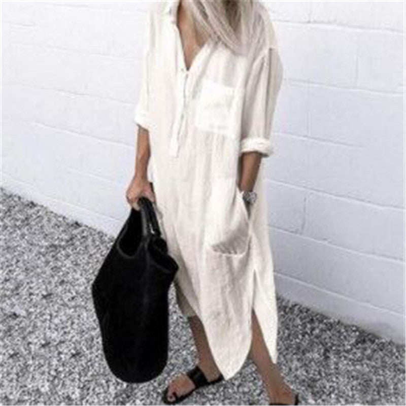 Elegant Solid Color Long Shirt Dress