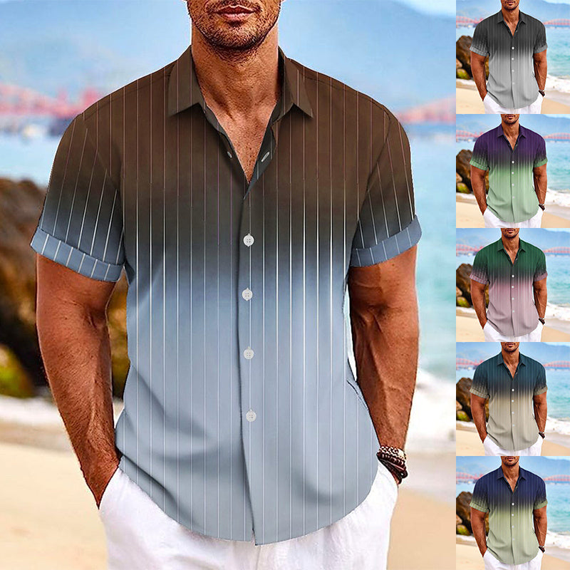 Lapel Button Short-sleeved Gradient Striped Leisure Shirt