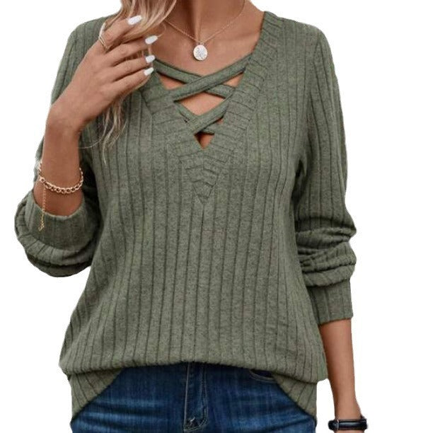 Solid Color Cross Band Knitted Sweater