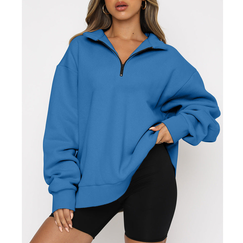 Zip Turndown Collar Loose Casual Hoodie