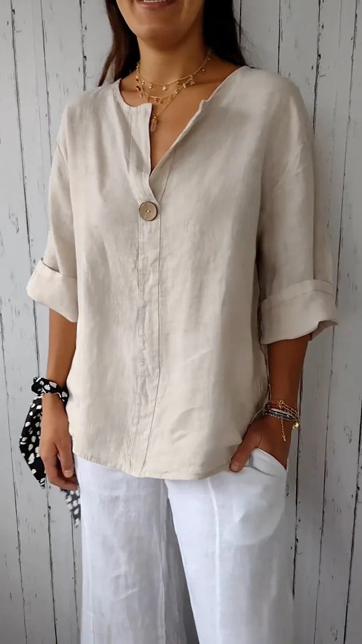 V-neck Cotton & Linen Button Top