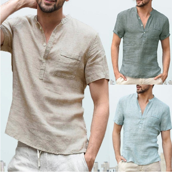 Linen Solid Color Button V Neck Shirt