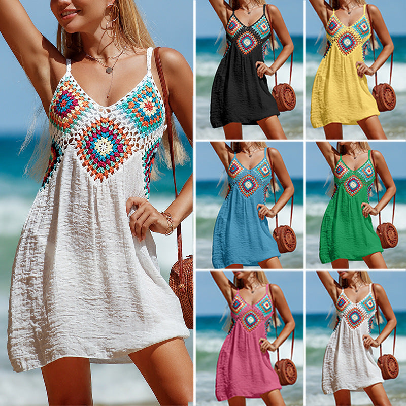 Sleeveless Bohemian Colorful Pattern V-neck Hollow Beach Dress