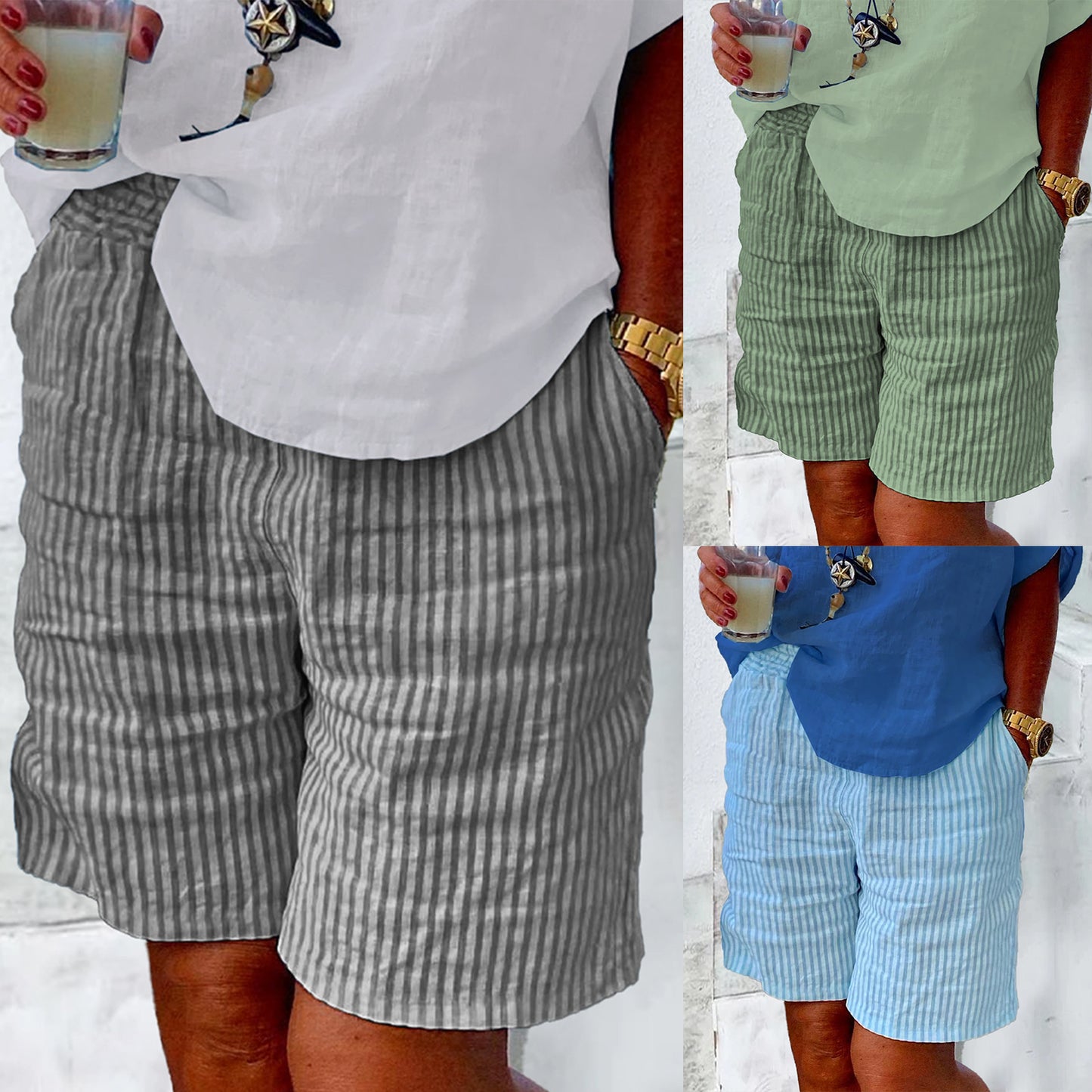 Linen Loose Striped Outerwear Shorts