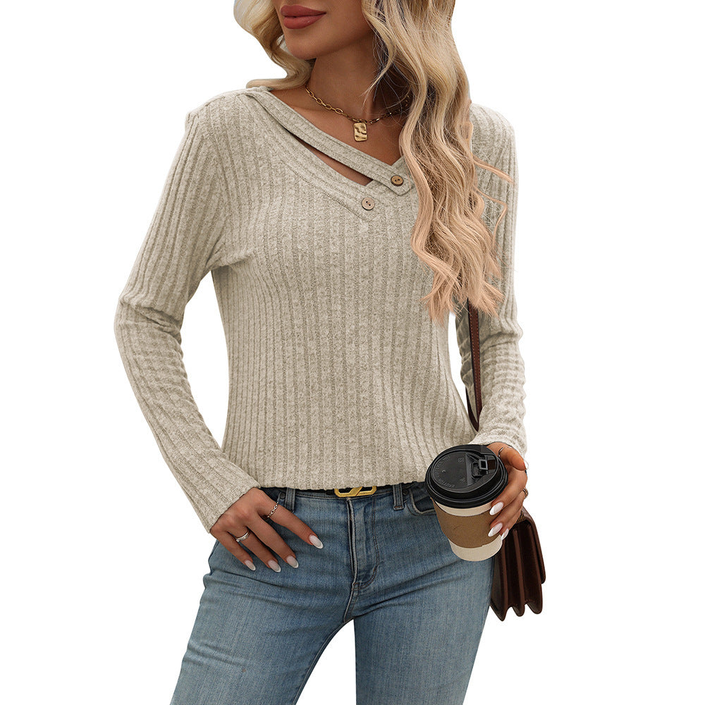 V-neck Button Top Sunken Stripe T-Shirt