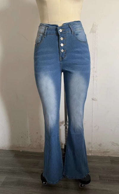 Multi-button Flared Washed Jeans