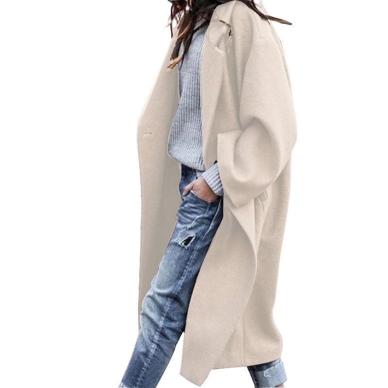 Solid Color Single Breasted Lapel Woolen Coat