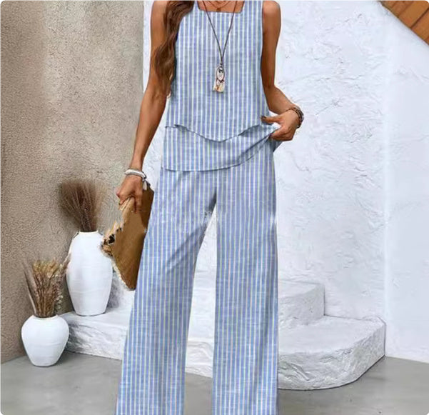 Sleeveless Double-layer Vest & Loose Straight Pants Set