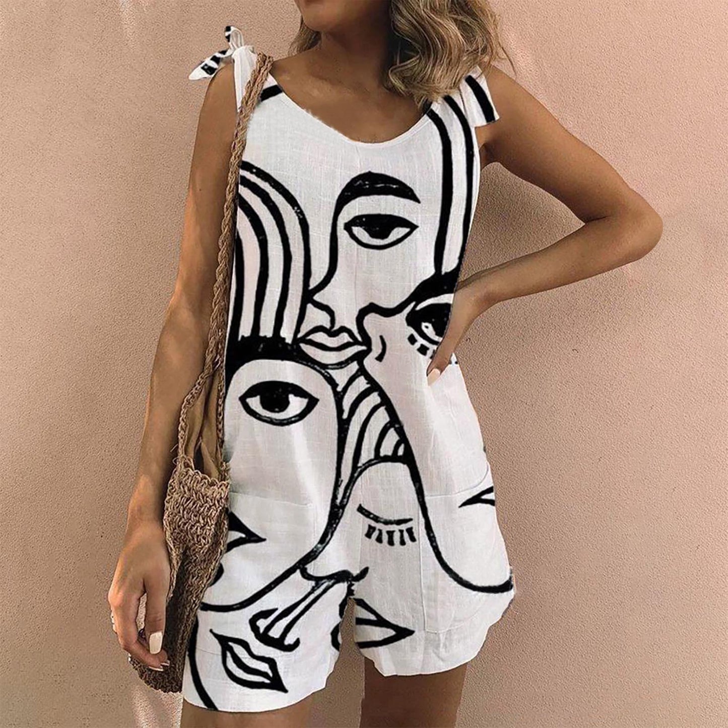 Printed Bib Shorts Jumpsuit