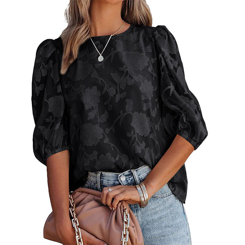 Puff Sleeve Chiffon Loose Flower Texture Top