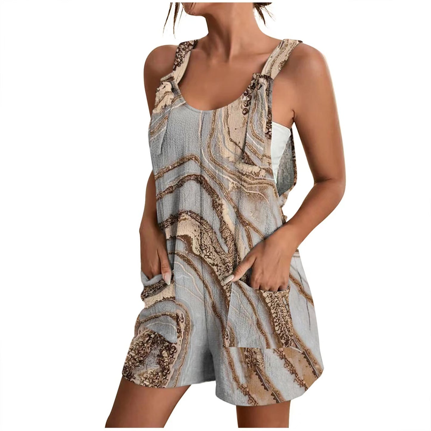 V-neck Strap Pocket Printed Jumpsuit Shorts