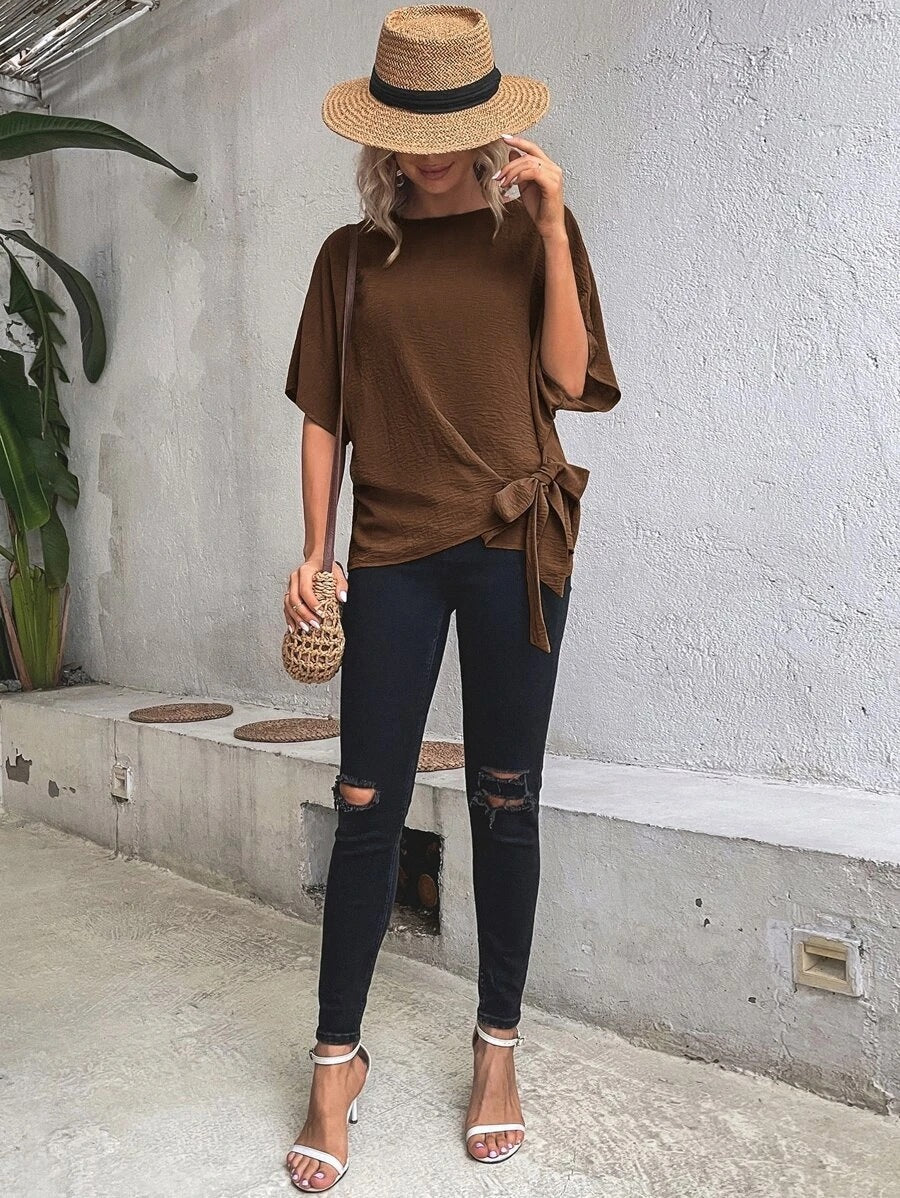 Solid Color Batwing Sleeve Loose Top