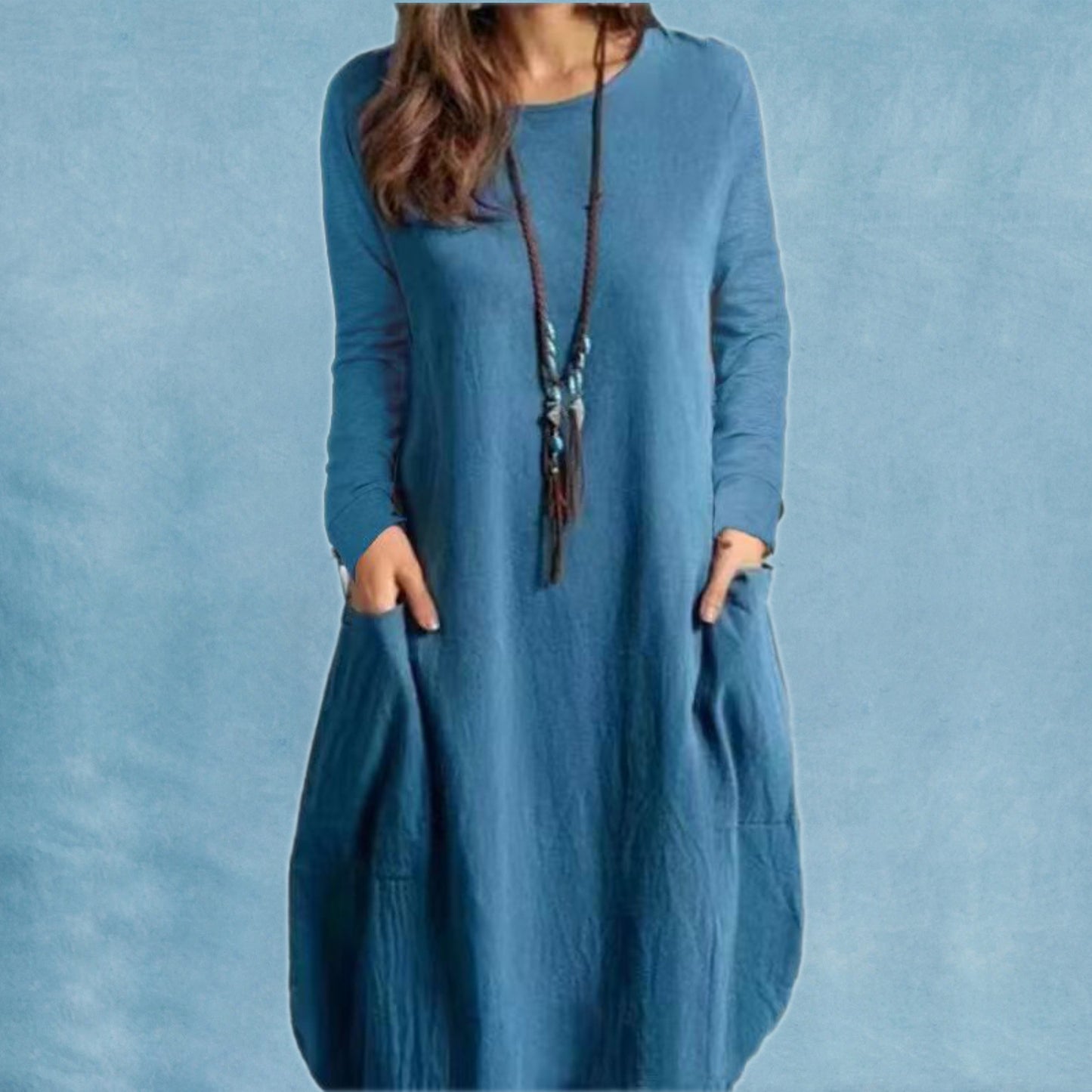 Loose Casual Solid Color Pocket Long Sleeve Dress