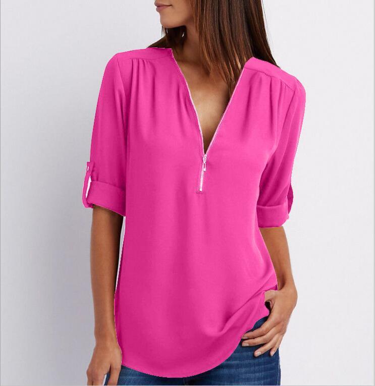 Zip V-neck Short Sleeve Loose Top