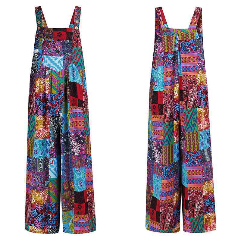 Ethnic Style Suspender Button Print Jumpsuit