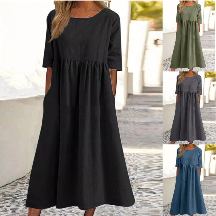 Plus Size Round Neck Loose Long Solid Color Cotton Linen Dress