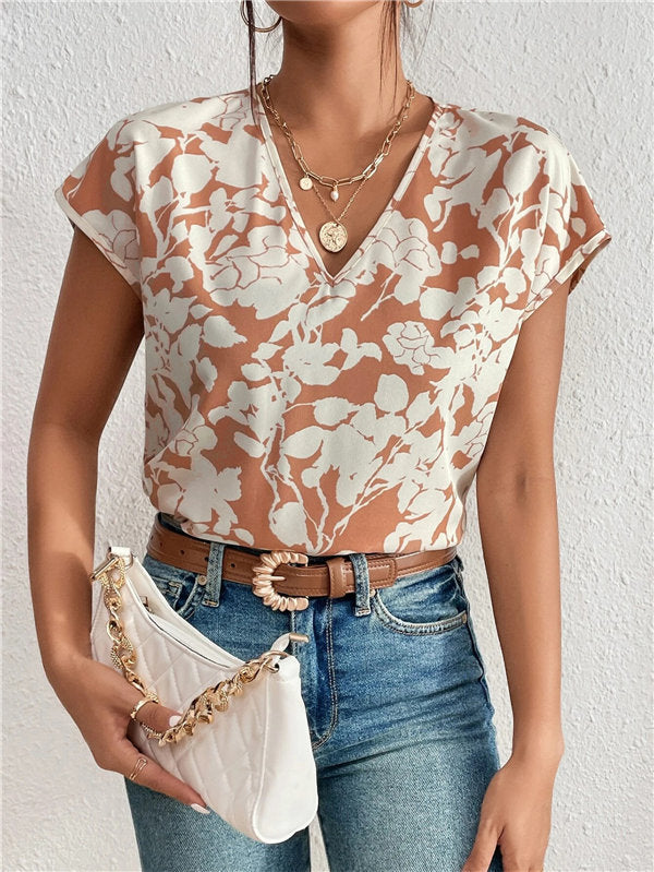 V-neck Short Sleeve Printed T-Shirt Top