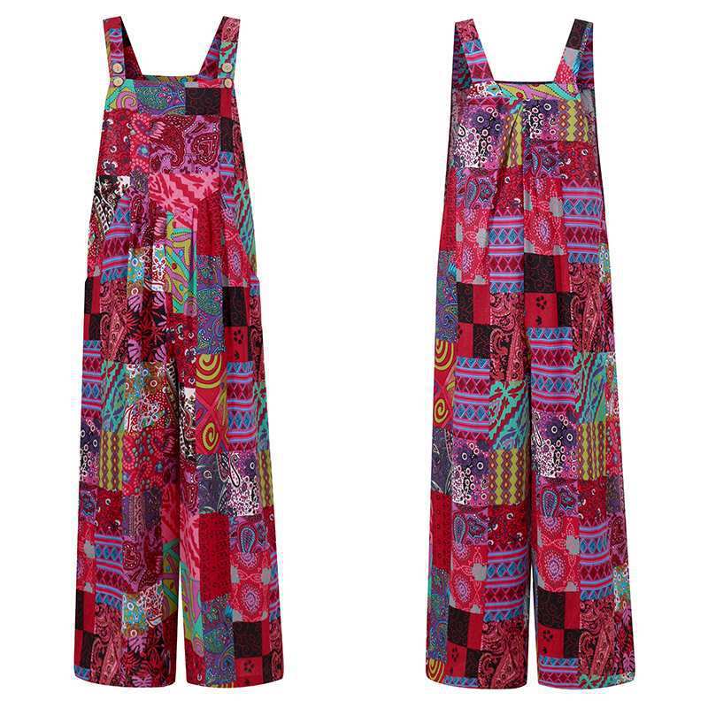 Ethnic Style Suspender Button Print Jumpsuit