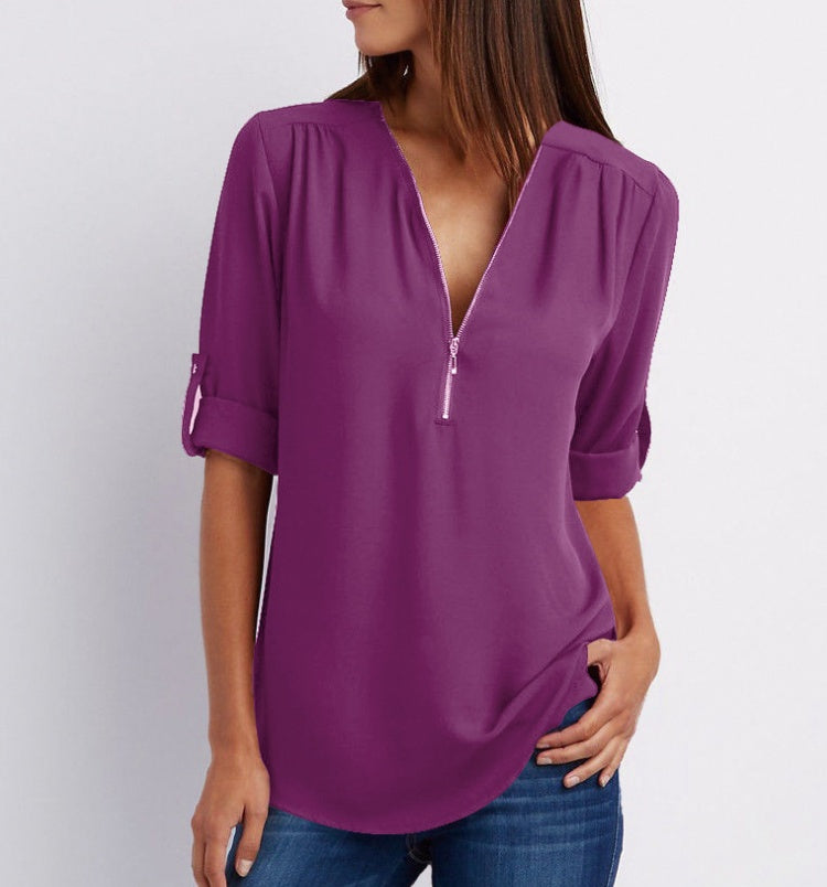 Zip V-neck Short Sleeve Loose Top