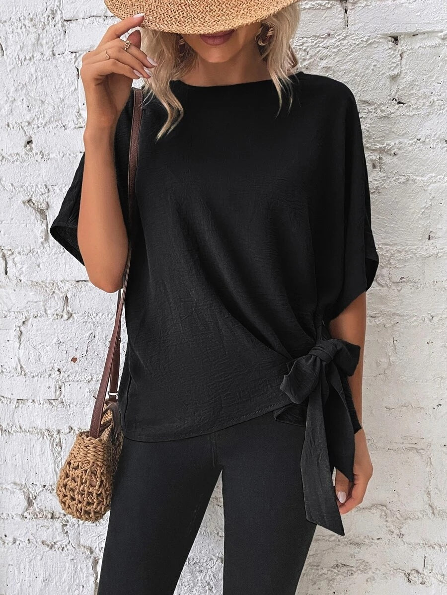 Solid Color Batwing Sleeve Loose Top