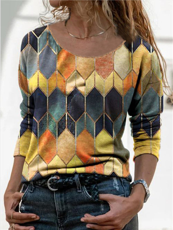 Long Sleeve Retro Geometric Print T-shirt