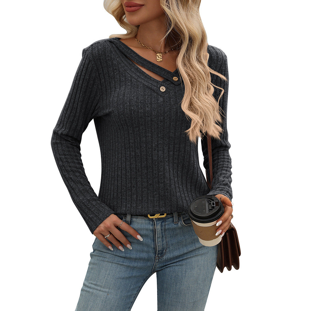 V-neck Button Top Sunken Stripe T-Shirt